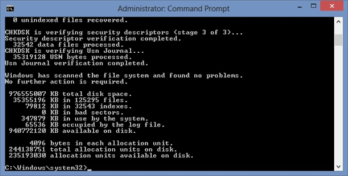 Command Prompt, CHKDSK Results